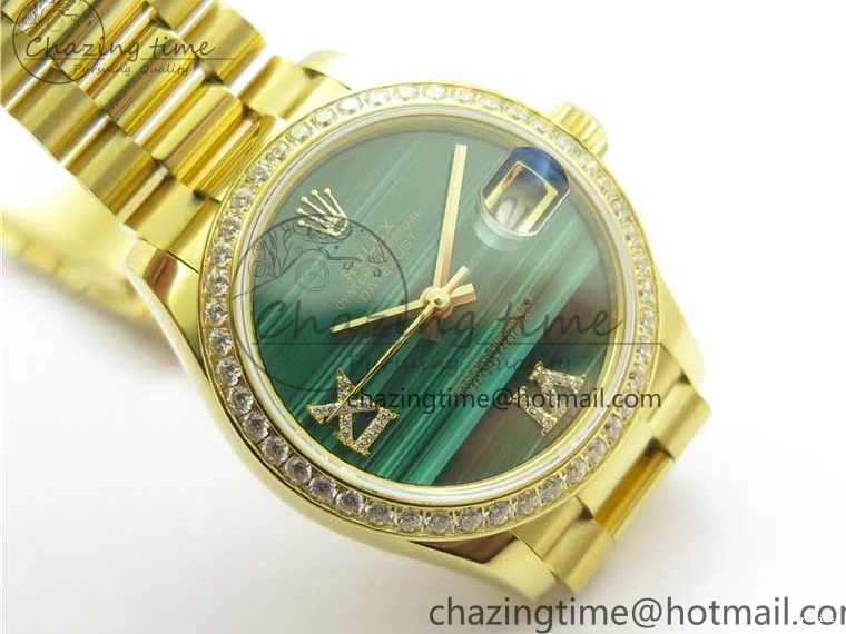 MiroTime 0408 Versatile Daydate 278288 31mm YG EWF Best Edition Green Malachite Dial Crystal Markers on YG President Bracelet ETA 2606